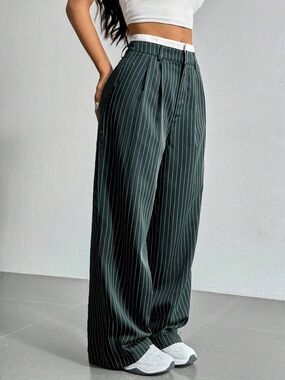 SHEIN Dark Green Pinstripe Wide Leg Pants